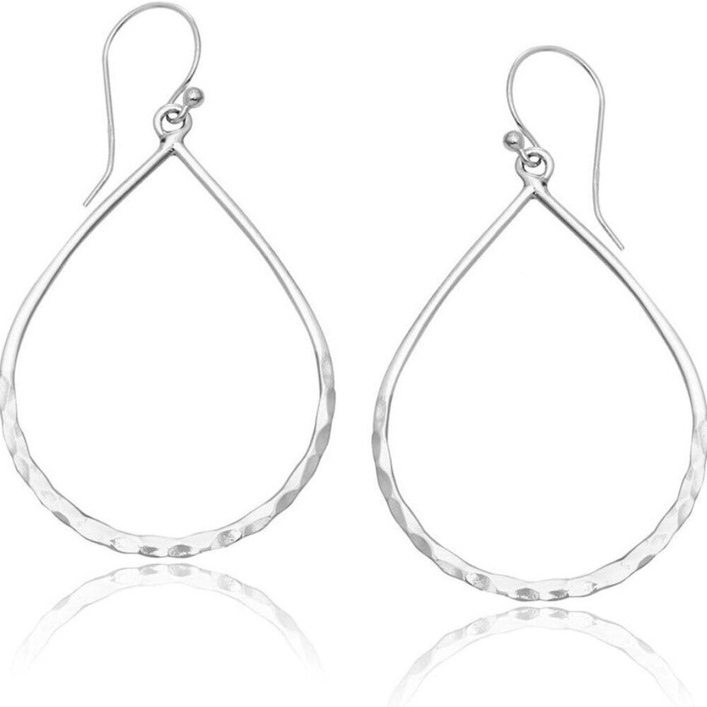 Sterling Silver Hammered Open Teardrop Hoop Earrings Women Jewelry Gift